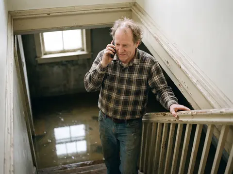 A man in a flannel shirt stands at the top of the basement stairs on the phone, looking down at water on the basement floor.