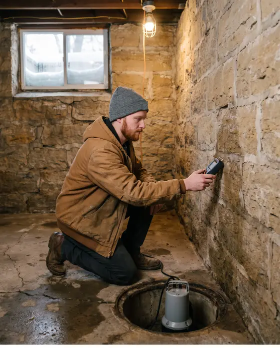 A restoration technician kneels by a sump pit in an old stone-walled basement and checks the damp wall with a moisture meter, snow against the window.